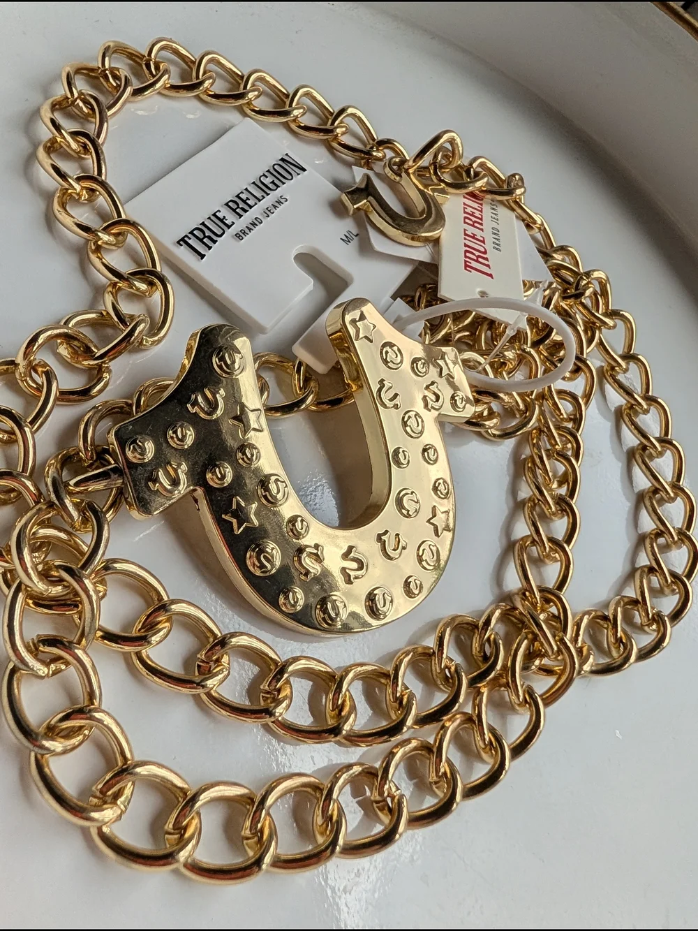 True Religion Gold-Tone Embossed Horseshoe Pendant Chain Belt